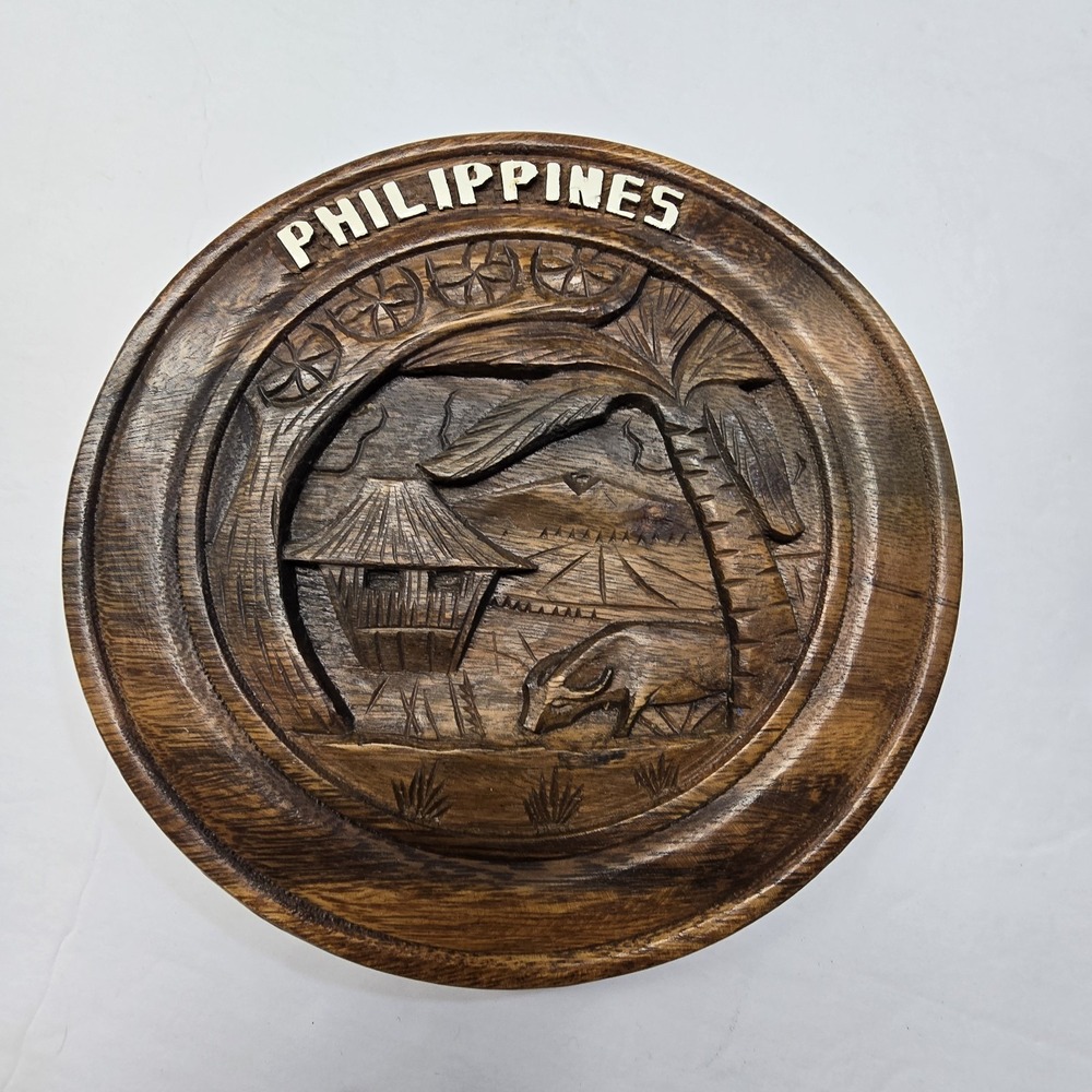Vintage Hand Carved Wooden Philippines Decorative Plate 8" Dia Wood Has Hanger